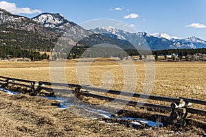 rocky mountain peaks view and yellow country field in spring landscape East Kootenay british columbia canada