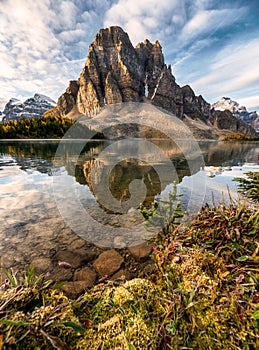 Rocky mountain reflection on Cerulean lake in Assiniboine provincial park