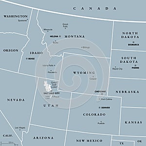 Rocky Mountain region of the United States, gray political map