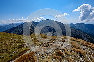 Rocky mountain tops with hiking trails in autumn in Slovakian Ta