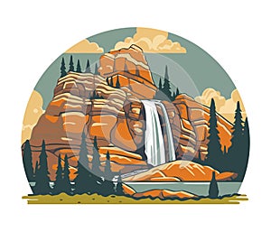 Rocky mountain with trees and waterfall landscape