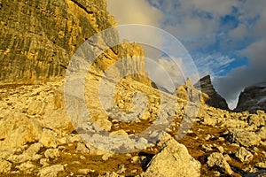 Rocky mountain valley of Dolomites at sunset, Dolomiti di Brenta