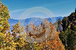 Rocky Mountain Wasatch Front peaks, panorama landscape view from Butterfield canyon Oquirrh range by Rio Tinto Bingham Copper Mine photo