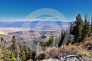 Rocky Mountain Wasatch Front peaks, panorama landscape view from Butterfield canyon Oquirrh range by Rio Tinto Bingham Copper Mine photo