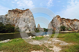 Rocky mountain with water lake of khao Ngu Stone Park , Ratchaburi , Thailand