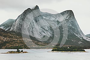 Rocky Mountains and fjord sea Landscape in Norway scandinavian