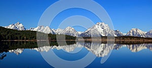 Rocky Mountains Landscape Panorama of Mount Moran reflected in Jackson Lake, Grand Teton National Park, Wyoming