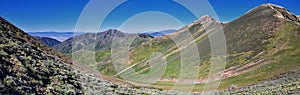 Rocky Mountains Lowe Peak views of Oquirrh range toward Utah Lake, Timpanogos, Wasatch Front by Rio Tinto Bingham Copper Mine, in