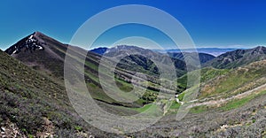 Rocky Mountains Lowe Peak views of Oquirrh range toward Utah Lake, Timpanogos, Wasatch Front by Rio Tinto Bingham Copper Mine, in