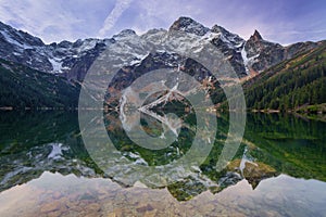 Rocky mountains reflection in the calm lake water. photo