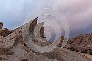 Rocky mountains of Vasquez Rocks Natural Area Park in California against the sky during sunset