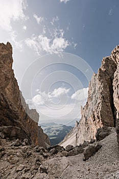 Rocky mountainscape at Sella Pass, Dolomites, Italy