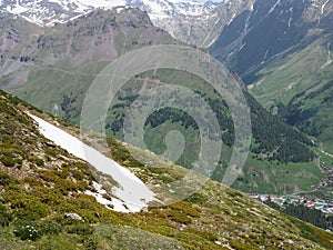 Rocky mountainside covered with fresh green grass, flowers and a little snow that has not melted, Alpine meadow