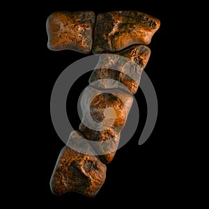 Rocky number 7. Font of stone isolated on black background. 3d