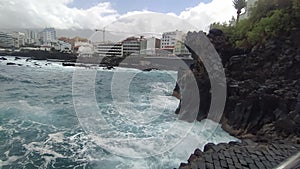 A rocky ocean shore with big waves