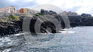 A rocky ocean shore with big waves