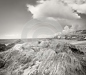 Rocky ocean shore landscape in spring