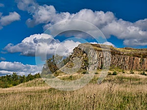 A rocky outcrop of the igneous rock dolerite at Walltown Country Park in Northumberland, England, UK