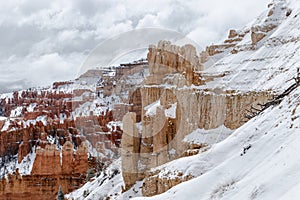 Rocky outcrop with snow, Bryce Canyon, hoodos in the background.
