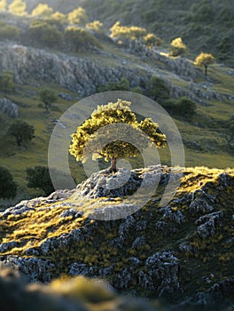 Rocky outcropping with lone tree