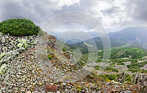 Rocky outcrops on crest of ridge in Carpathian Mountains