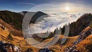 Rocky Panorama of sunset in mountain valley landscape