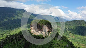 The rocky peak of a mountain surrounded by tropical jungle