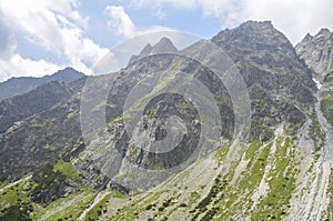 Rocky peaks national park of the High Tatras mountains with mountain valley and sky with clouds. Slovakia