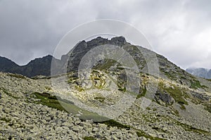 Skalnaté štíty národný park pohoria Vysoké Tatry s horským údolím a oblohou s oblakmi. Slovensko