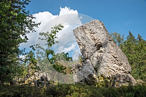 Rocky quartz formation, tourist destination geotope Grosser Pfahl, near Viechtach lower bavaria. blue sky and cloud