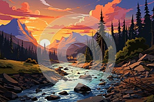 Rocky river glow, Sunset colors reflect on the tranquil mountain stream