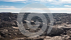 Rocky and rough terrain hike trail to Dettifoss waterfall, Iceland.