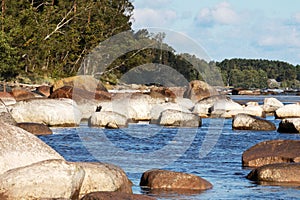 Rocky sea beach with green trees and clouds in the background on a sunny day