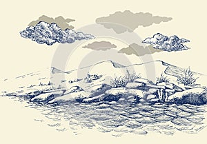 Rocky sea shore hand drawing