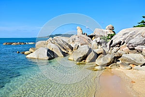 Rocky seashore beach Hin Ta Hin Yai, famous landmark of Samui island, Thailand