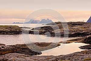 Rocky seashore at sunset