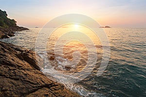 Rocky seashore at sunset. Nature.