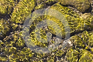 Rocky shoal in the Crimean mountain river, sunny shallow water