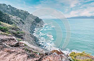 Rocky shore along the ocean coast in San Francisco, beautiful Californian nature landscape