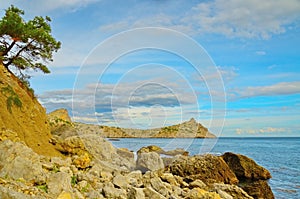 Rocky shore, beautiful cloudy sky, Black sea coast