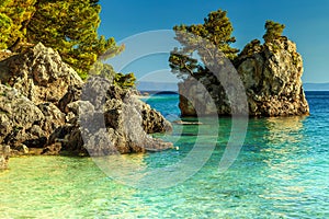 Rocky shore with crystal clear sea water, Brela, Dalmatia, Croatia