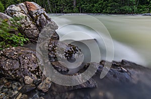 Rocky Shore with Flowing River Water