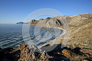 Rocky shore of lake Baikal in winter