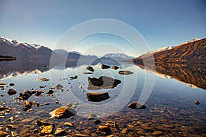 Rocky shore of Lake Ohau