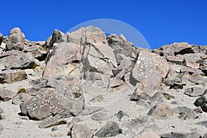 Rocky shore of lake Tere Tashi Namtso in summer in clear weather