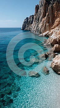 A rocky shoreline with clear blue water and rocks in the foreground