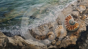 A rocky shoreline eroded away to reveal a layer of fossilized ocean creatures including prehistoric fish and ammonites