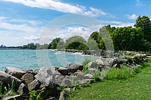 Rocky Shoreline off Lake Michigan in Evanston Illinois during the Summer