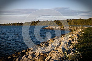 Rocky shoreline of reservoir