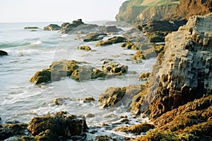 a rocky shoreline with waves crashing against the rocks